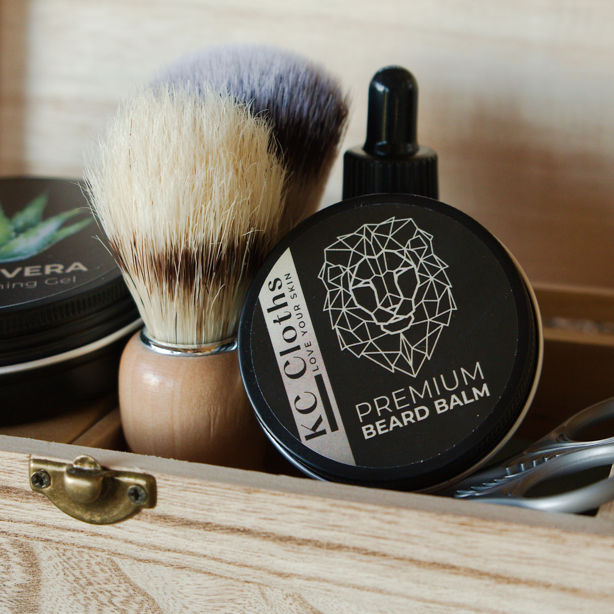 KC Cloths Premium Beard Balm with beard oil and a shaving brush, men's range