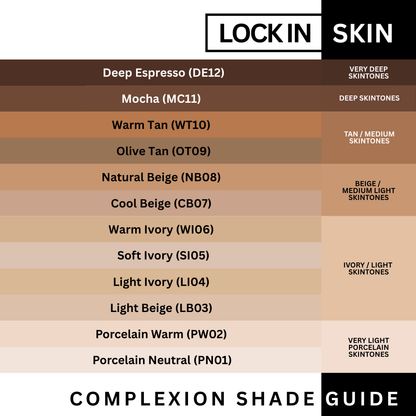 Lock In Skin foundation complexion shade guide, all 12 shades