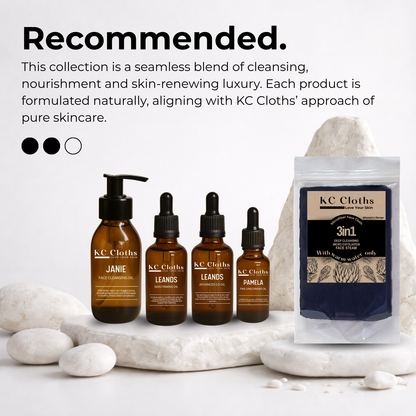 KC Cloths Collection Pack with black face cloth and skincare oils