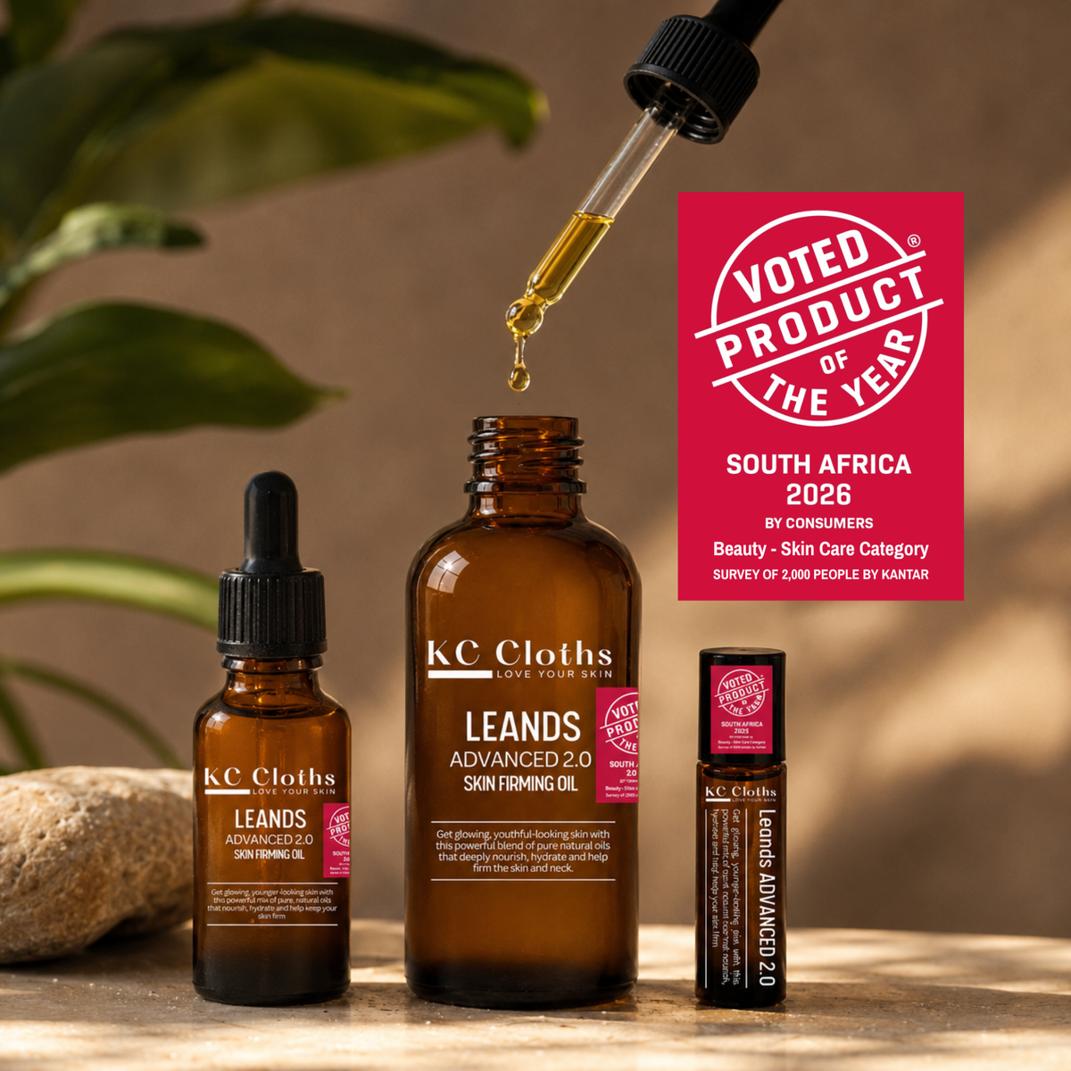 Leands ADVANCED 2.0 Skin Firming Oil bottles and roller, voted Product of the Year South Africa 2026, Beauty – Skin Care category