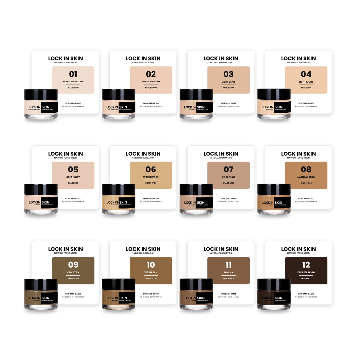 Lock In Skin foundation shade cards showing all 12 shades and their codes