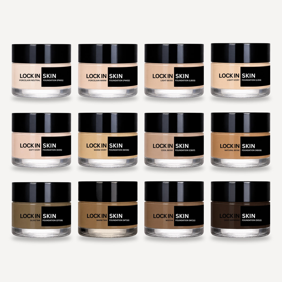 Lock In Skin natural foundation, all 12 shades from Porcelain Neutral to Deep Espresso