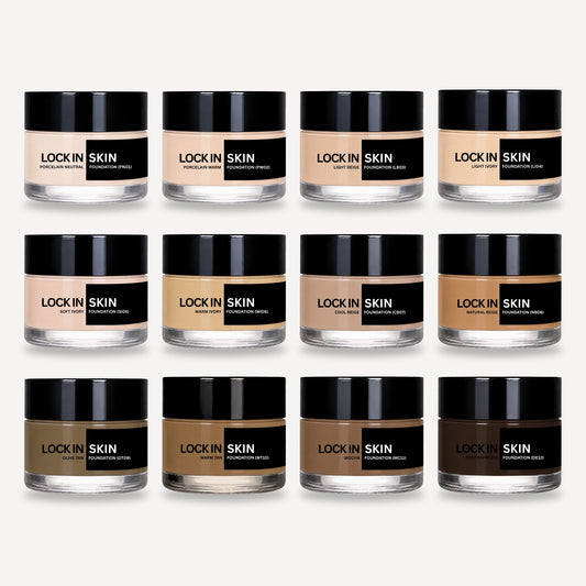 Lock In Skin natural foundation, all 12 shades from Porcelain Neutral to Deep Espresso